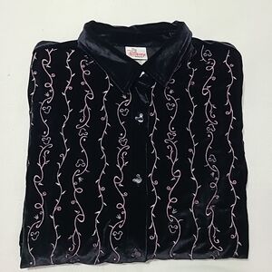 Disney Store Black Velvet Embroidered Mickey Mouse Floral Vine Button Up Shirt L